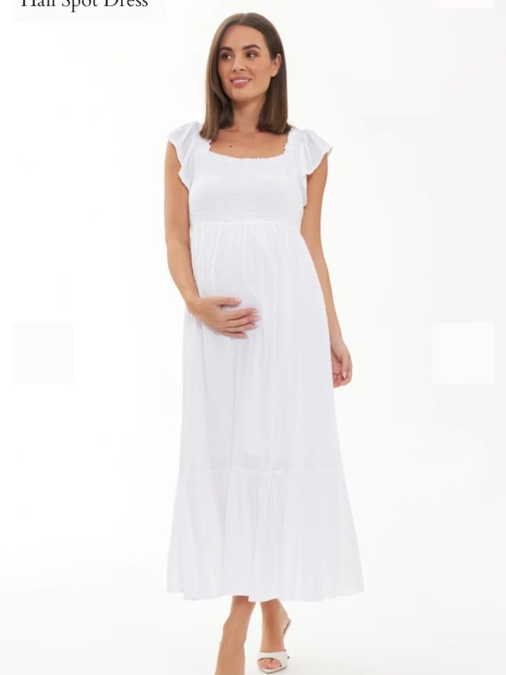 White Maxi Maternity Dress with Smocked Bodice